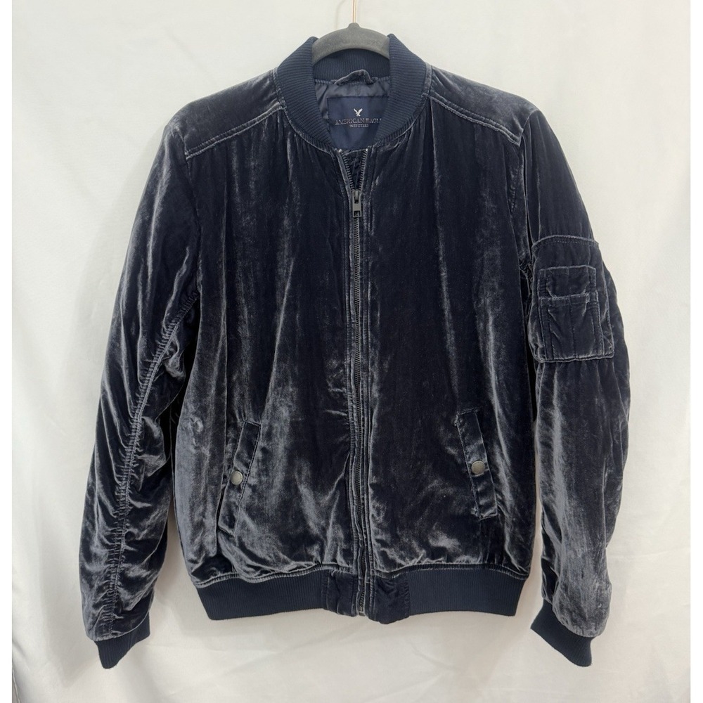American Eagle‎ Outfitters Full Zip Velvet Velour Bomber Jacket Navy Womens M